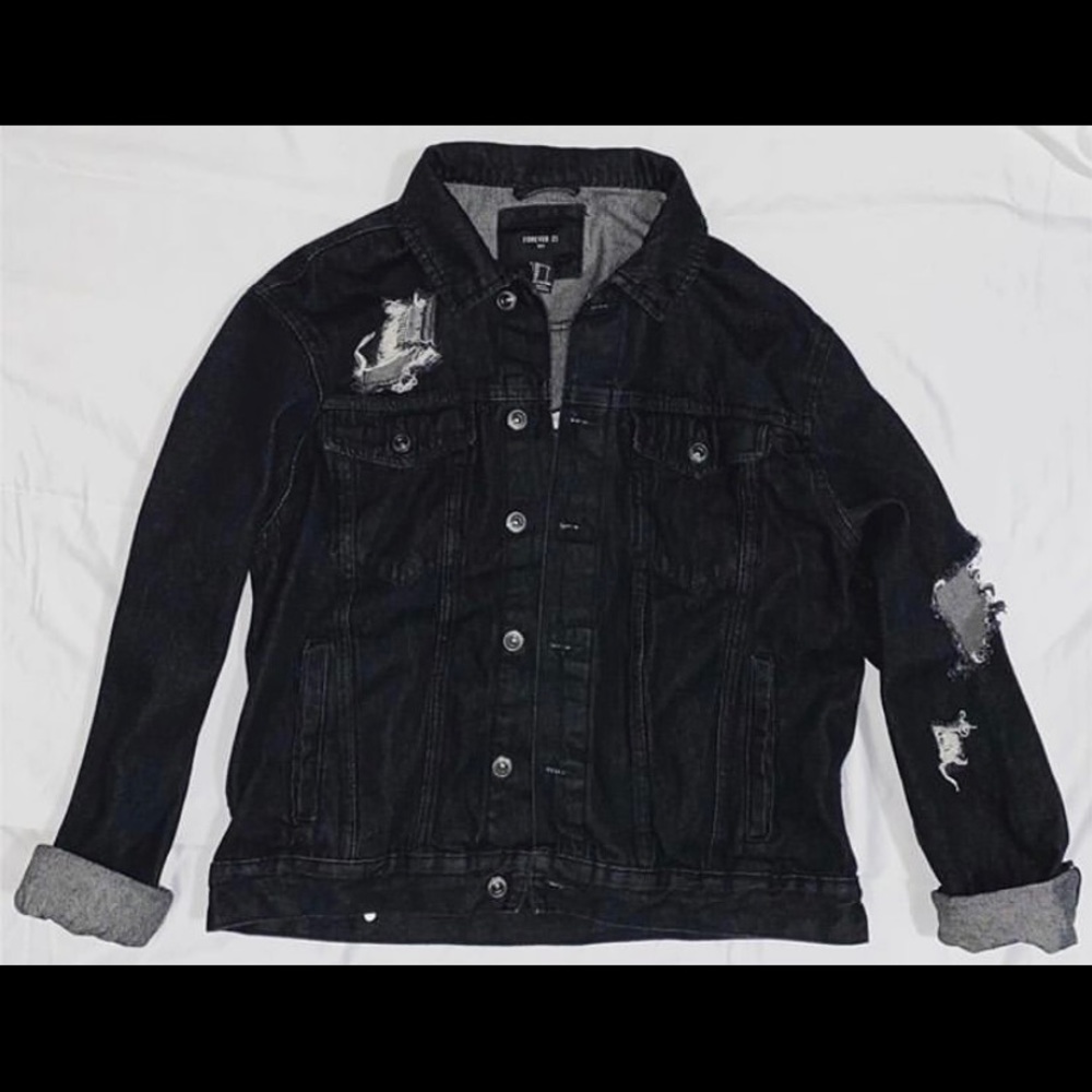 Unisex Black Denim Jacket With Custom Distress
